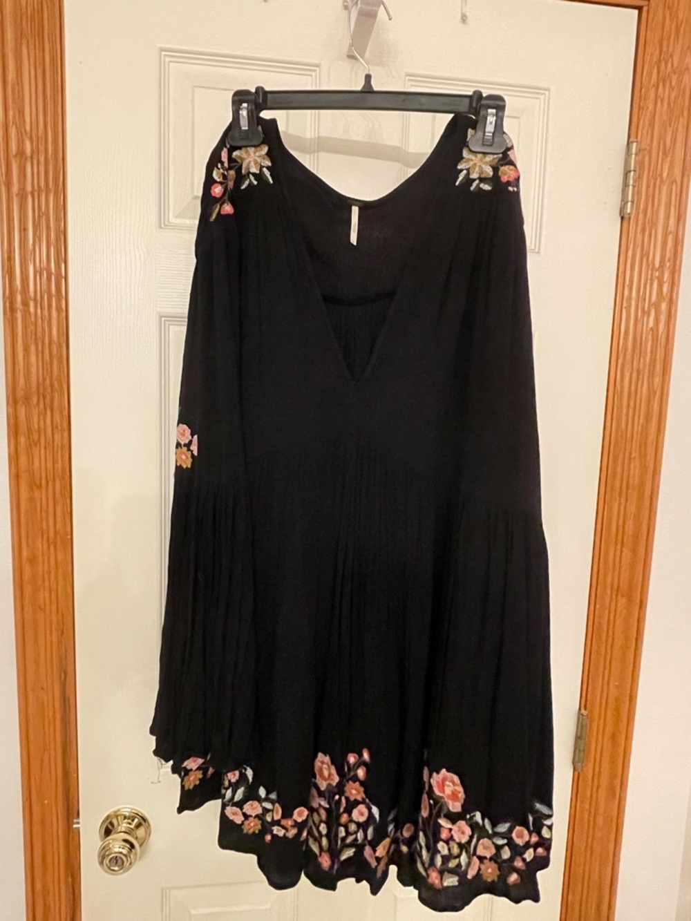 Free People Black Mini Dress with Pink & Peach Floral Embroidery Hobo style Med